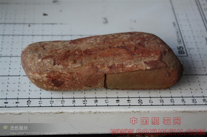表面有向指甲按下的指印，表面有一层一毫米厚的棕红色的熔壳，内部石质细密，可见微小的颗粒，手感重。
